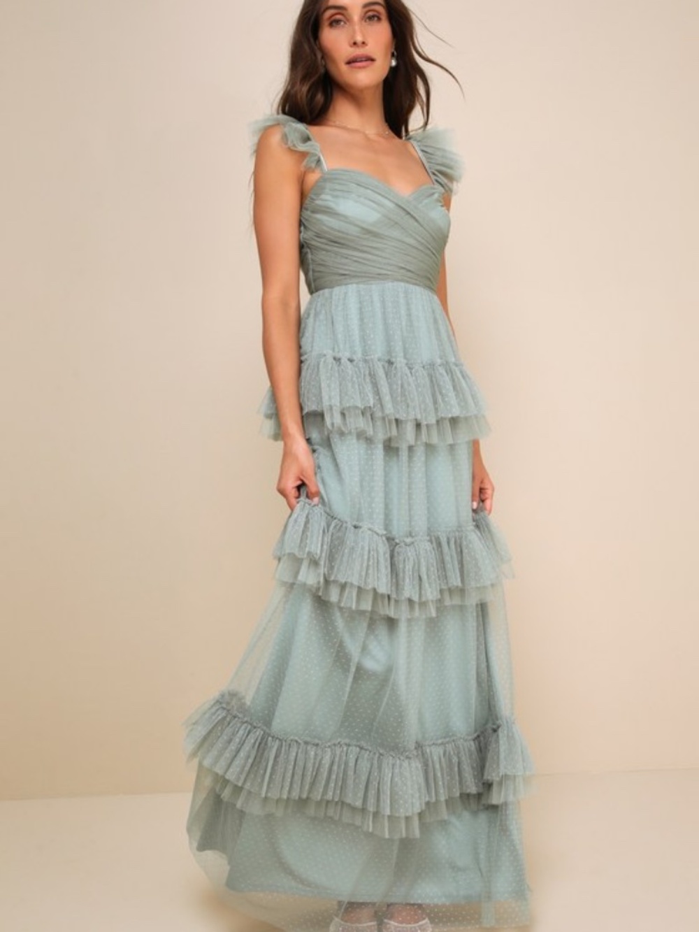 Lulus Pure Radiance Sage Brush Mesh Swiss Dot Tiered Maxi Dress Green - Size XL